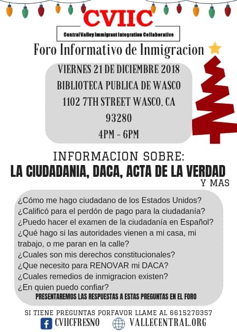 Foro Informativo de Inmigración en Wasco 21 de Diciembre 2018 CVIIC