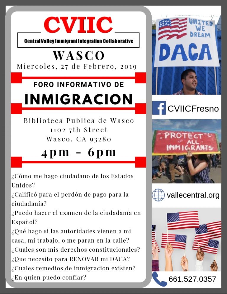 Foro Informativo de Inmigracion en Wasco, Miercoles 27 de Febrero, 2019