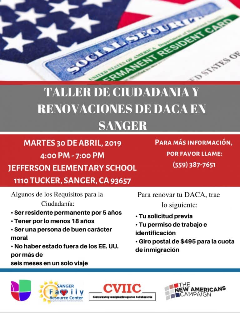 Taller de Renovacion de DACA y Evaluacion de Ciudadania en Sanger el 30 de Abril, 2019