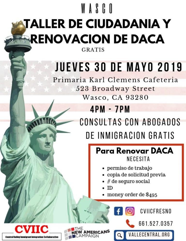 Taller de Renovacion de DACA y Evaluacion de Ciudadania en Wasco el 30 de Mayo 2019