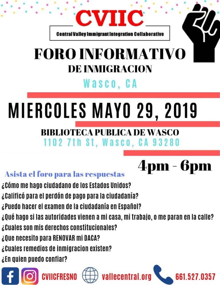 Foro Informativo de Inmigracion en Wasco Mayo 29