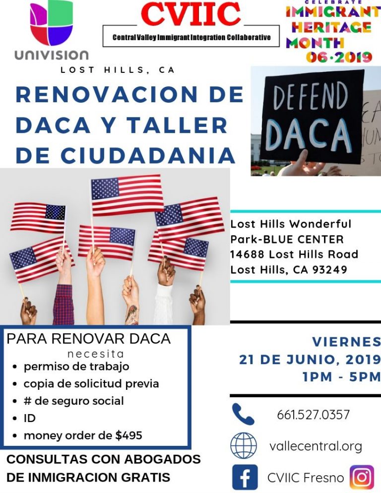 Taller de Renovación de DACA y Evaluación de Ciudadanía en Lost Hills 21 de Junio 2019