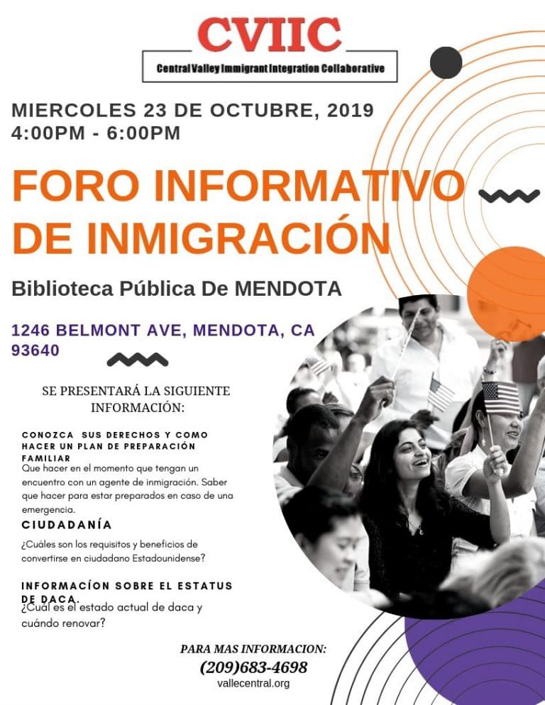 Foro Informativo de Inmigración en Mendota 23 de Octubre 2019 CVIIC