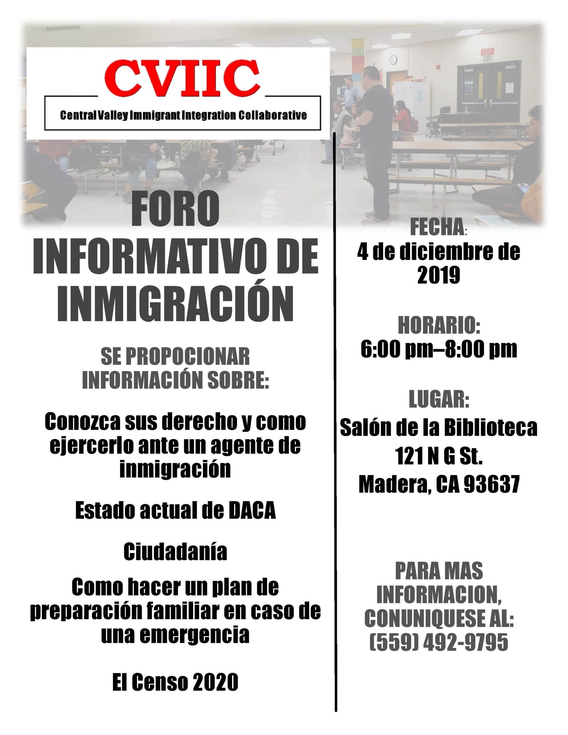 Foro Informativo de Inmigración en Madera 4 Diciembre 2019 CVIIC